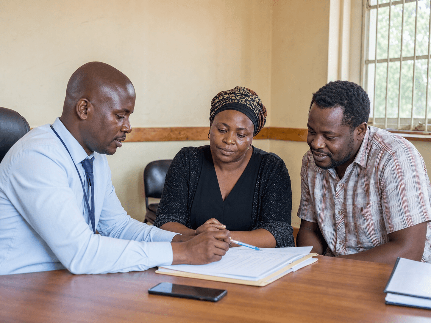 A Zimbabwean family reviewing claim documents with a local coordinator
